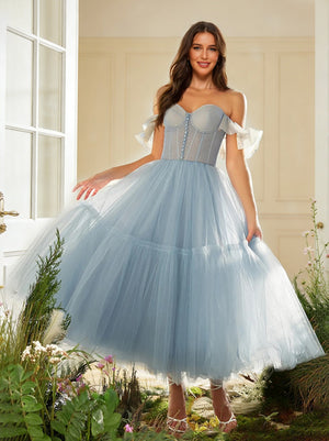 A-Line/Princess Sweetheart Tea Length Prom Dresses With Cascading Ruffles