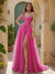 A-Line/Princess One-Shoulder Sweep Train Prom Dresses With Flower(s) & Split Side