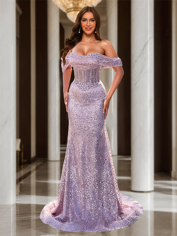 Sequin Trumpet/Mermaid Off-the-Shoulder Prom Dresses with Beadings