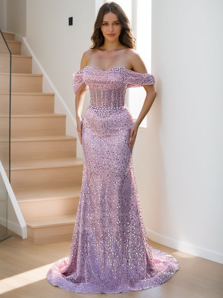 Sequin Trumpet/Mermaid Off-the-Shoulder Prom Dresses with Beadings