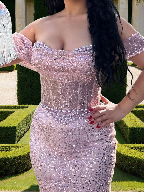 Sequin Trumpet/Mermaid Off-the-Shoulder Prom Dresses with Beadings