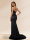 Sheath/Column Square Neck Sweep Train Prom Dresses With Split Side