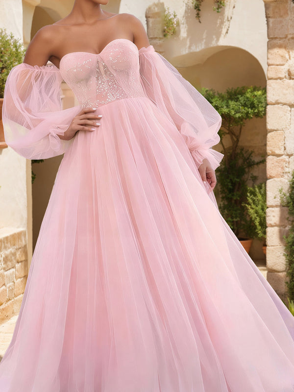 A-Line/Princess Off-The-Shoulder Floor-Length Prom Dresses With Appliques