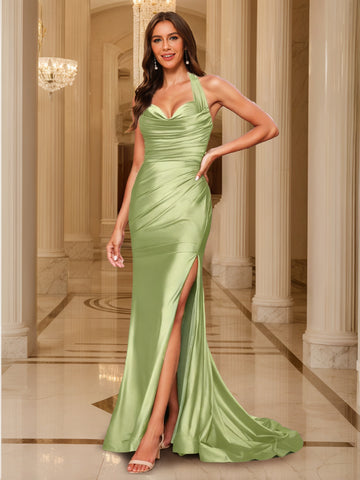 Sheath/Column Halter Sweep Train Prom Dresses With Split Side
