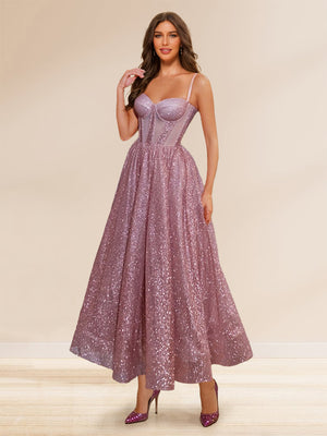 Sequin A-Line Spaghetti Straps Prom Dresses with Beadings