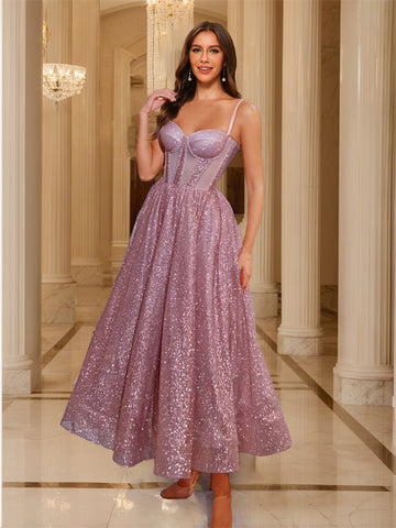 Sequin A-Line Spaghetti Straps Prom Dresses with Beadings