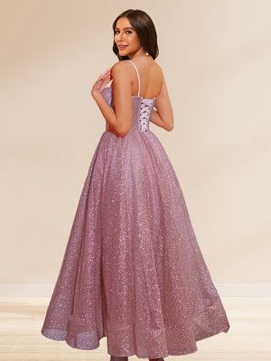 Sequin A-Line Spaghetti Straps Prom Dresses with Beadings