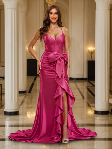 Trumpet/Mermaid Spaghetti Straps Sleeveless Sweep Train Prom Dresses With Beadings & Cascading Ruffles