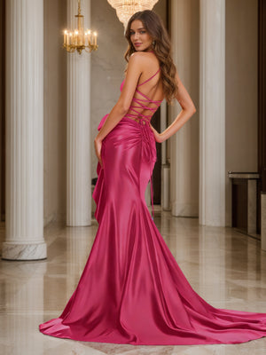 Trumpet/Mermaid Spaghetti Straps Sleeveless Sweep Train Prom Dresses With Beadings & Cascading Ruffles