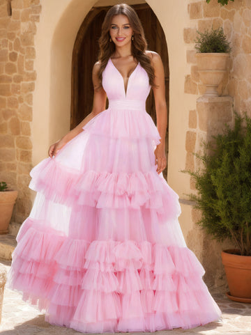 A-Line/Princess V-Neck Tiered Floor-Length Prom Dresses With Ruffles
