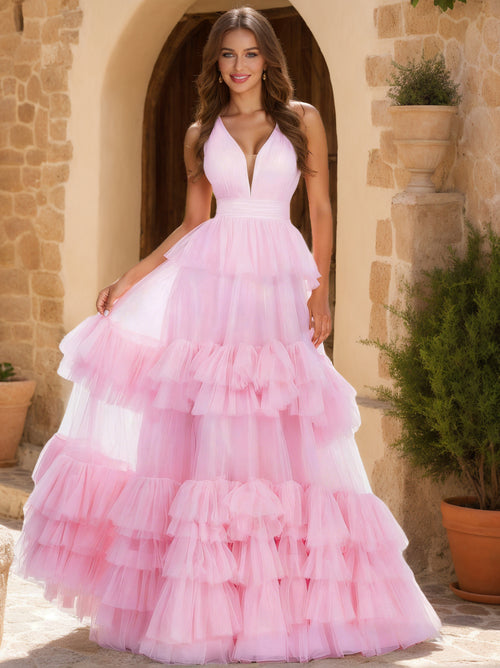 A-Line/Princess V-Neck Tiered Floor-Length Prom Dresses With Ruffles