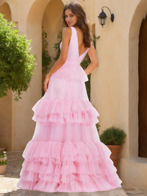 A-Line/Princess V-Neck Tiered Floor-Length Prom Dresses With Ruffles