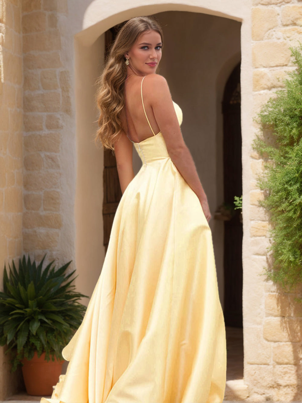Satin A-Line/Princess V-Neck Sweep Train Prom Dresses With Pockets