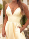 Satin A-Line/Princess V-Neck Sweep Train Prom Dresses With Pockets