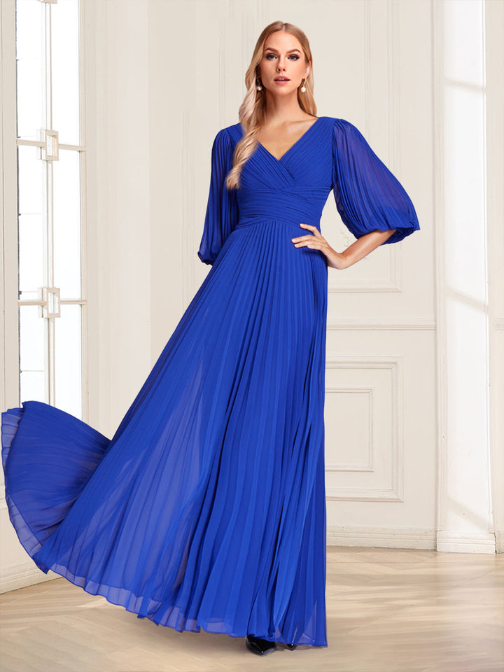 Chiffon A-Line/Princess V-Neck Half Sleeves Mother of the Bride Dresses with Pleats