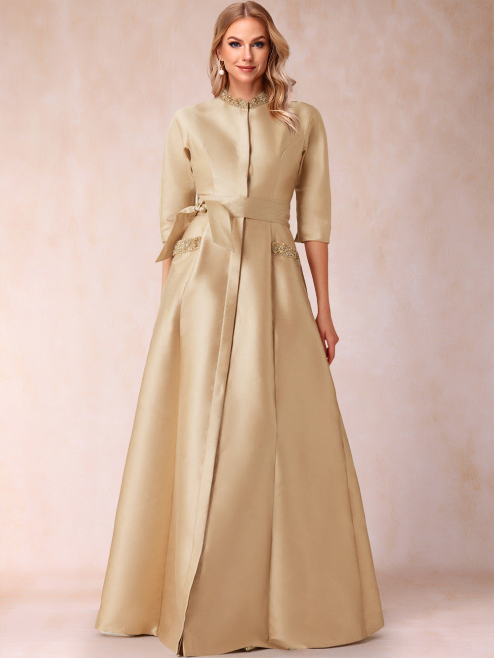 A-Line/Princess Bead Collar Half Sleeves Mother of the Bride Dresses With Belt