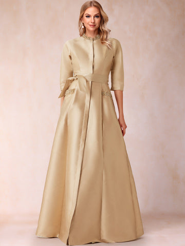 A-Line/Princess Bead Collar Half Sleeves Mother of the Bride Dresses With Belt