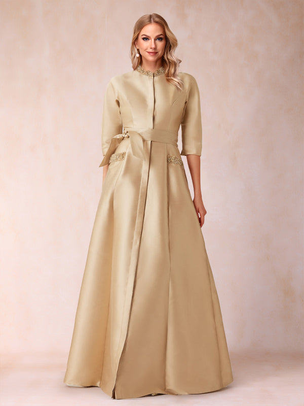 A-Line/Princess Bead Collar Half Sleeves Mother of the Bride Dresses With Belt
