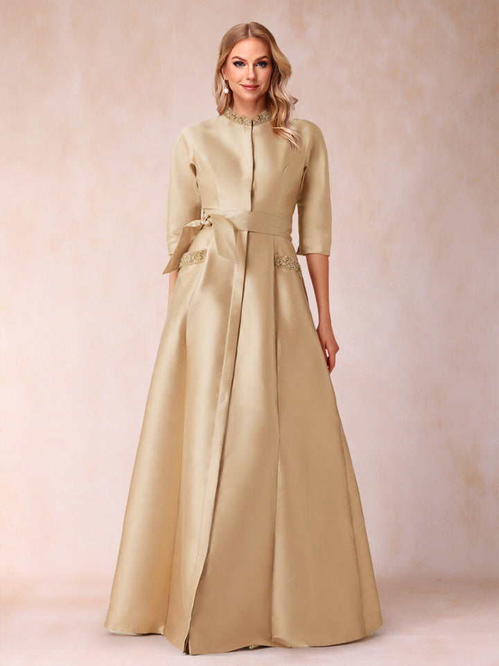 A-Line/Princess Bead Collar Half Sleeves Mother of the Bride Dresses With Belt