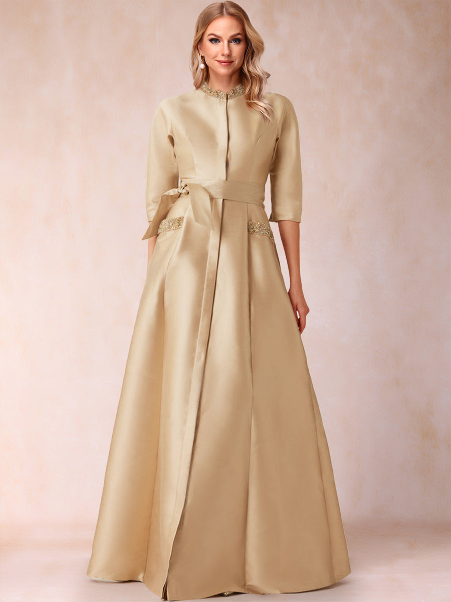 A-Line/Princess Bead Collar Half Sleeves Mother of the Bride Dresses With Belt