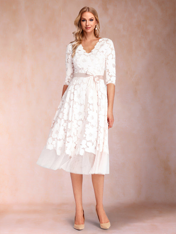 A-Line/Princess V-Neck Half Sleeves Mother of the Bride Dresses with Floral Lace