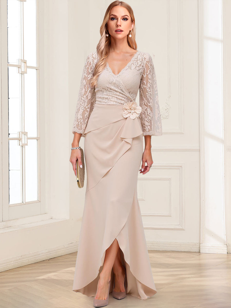 Sheath/Column V-Neck 3/4 Sleeves Mother of the Bride Dresses With Lace & 3D Floral