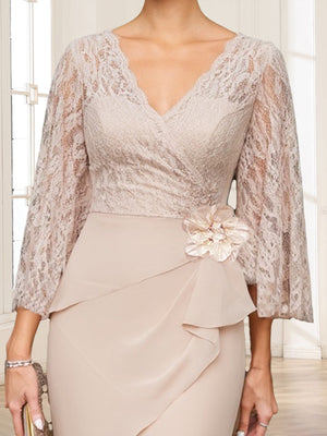 Sheath/Column V-Neck 3/4 Sleeves Mother of the Bride Dresses With Lace & 3D Floral