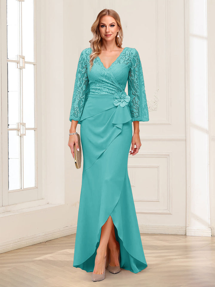 Sheath/Column V-Neck 3/4 Sleeves Mother of the Bride Dresses With Lace &amp; 3D Floral