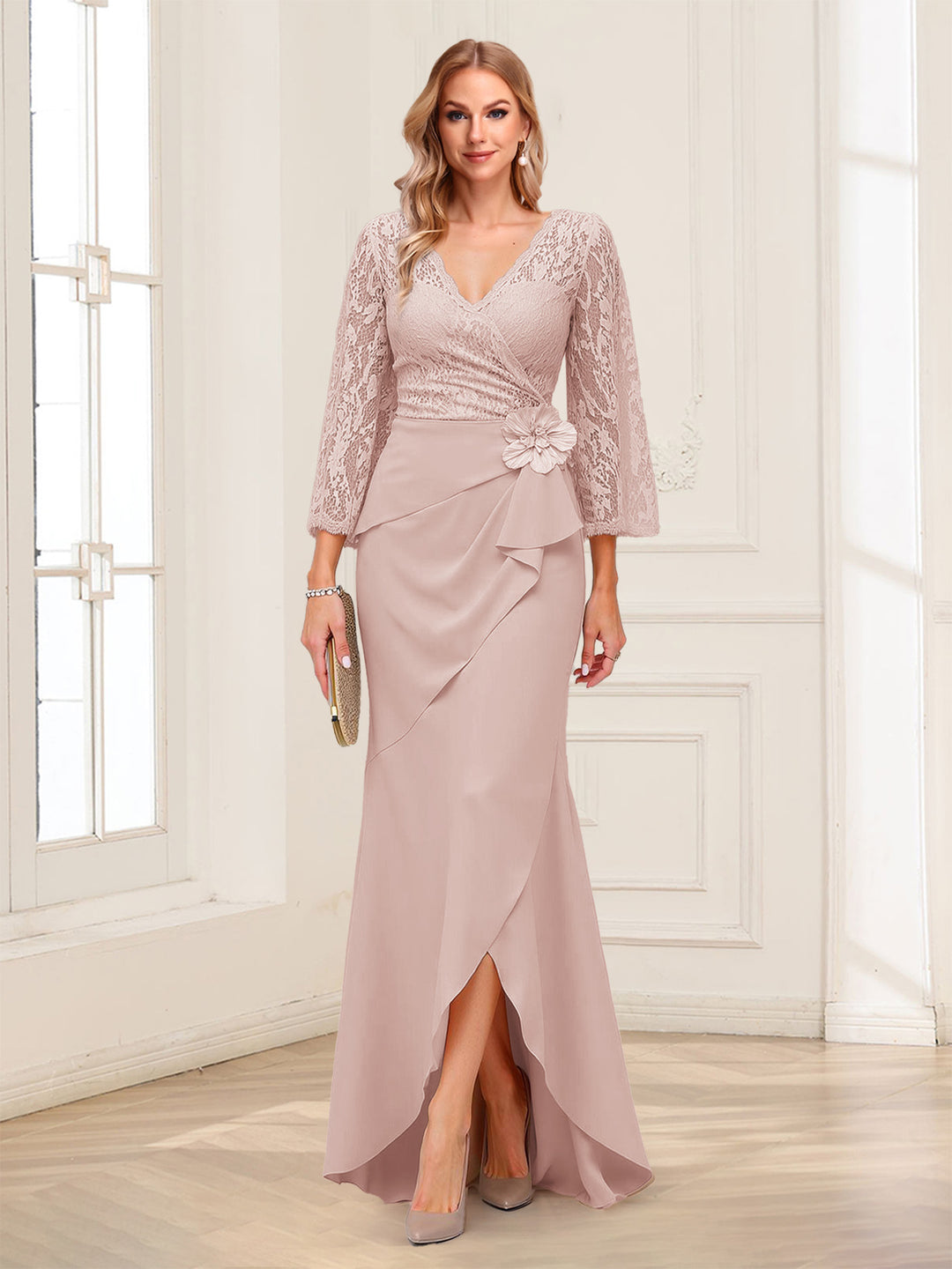 Sheath/Column V-Neck 3/4 Sleeves Mother of the Bride Dresses With Lace &amp; 3D Floral