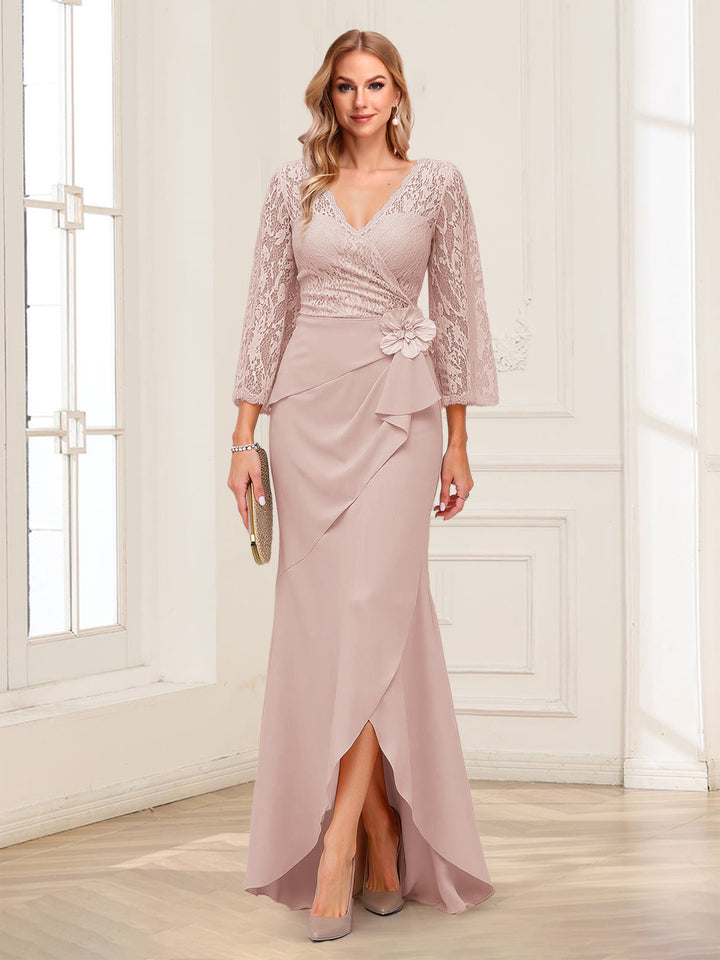 Sheath/Column V-Neck 3/4 Sleeves Mother of the Bride Dresses With Lace &amp; 3D Floral