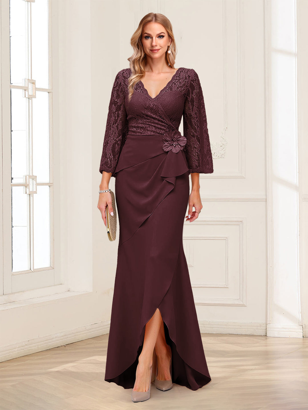 Sheath/Column V-Neck 3/4 Sleeves Mother of the Bride Dresses With Lace &amp; 3D Floral