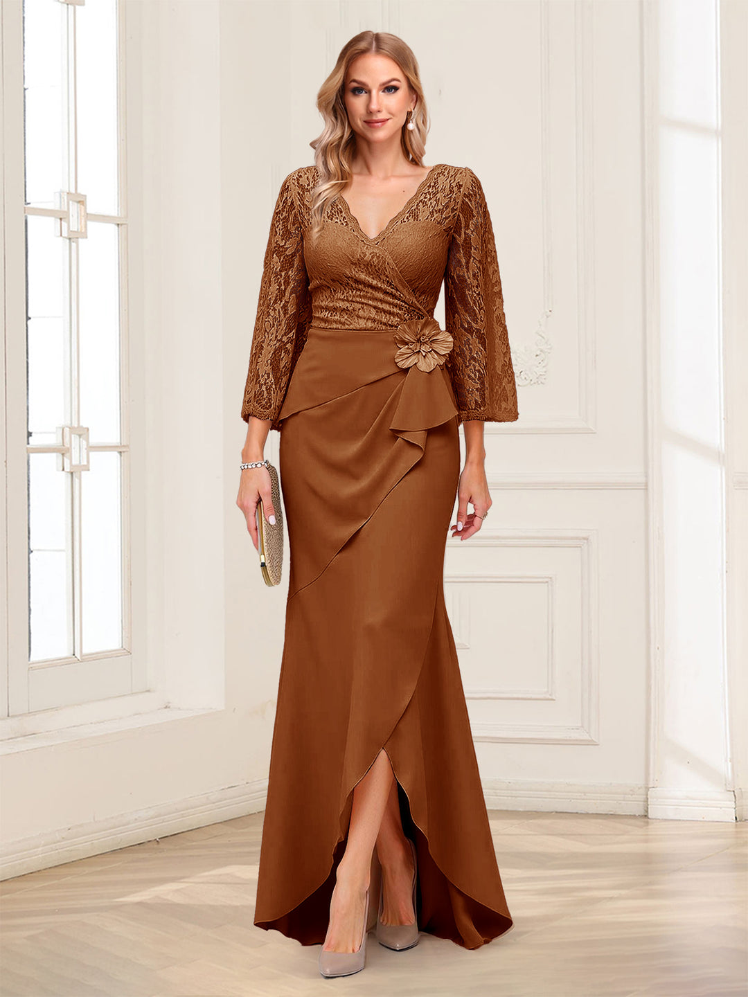 Sheath/Column V-Neck 3/4 Sleeves Mother of the Bride Dresses With Lace &amp; 3D Floral