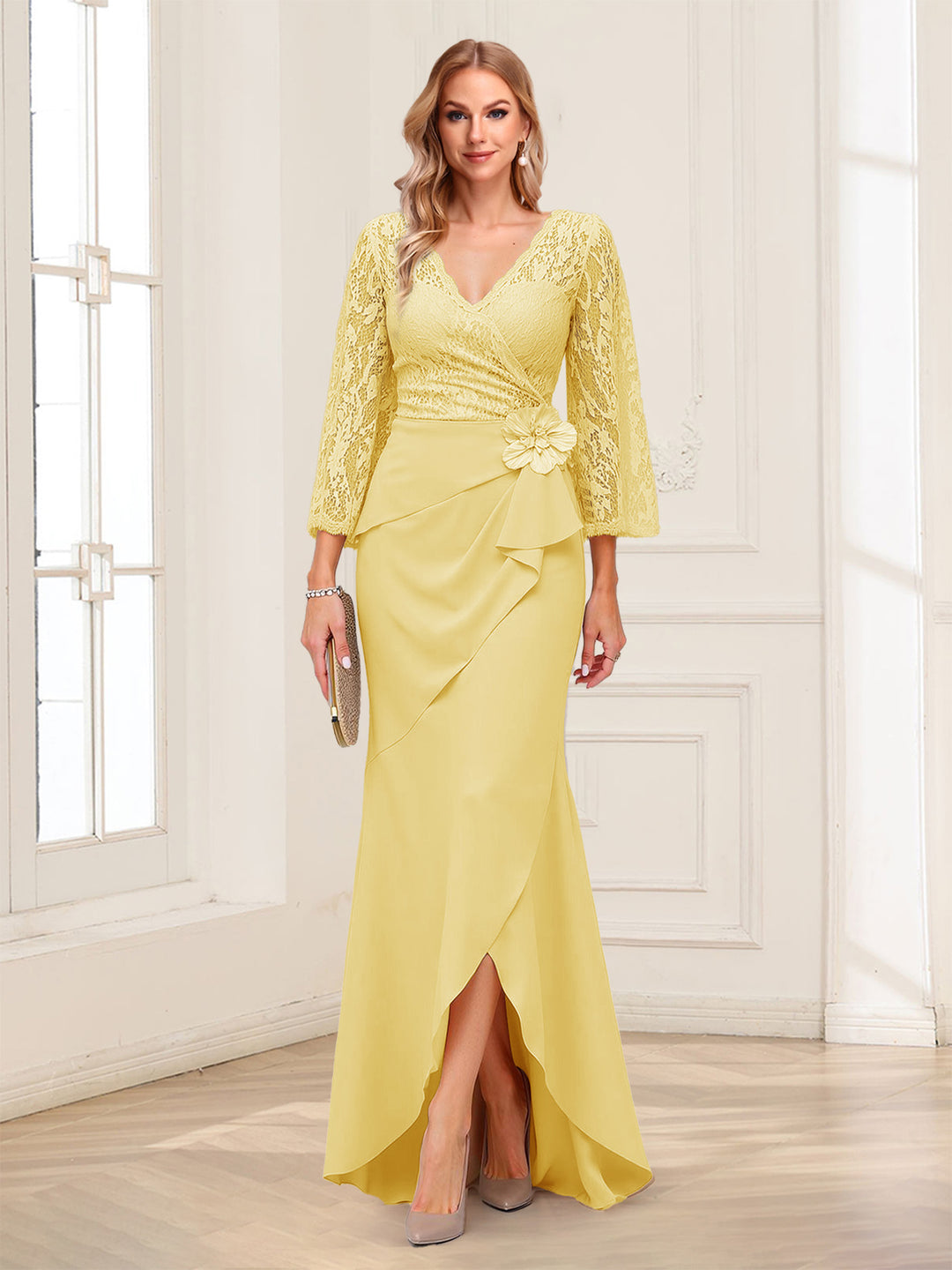 Sheath/Column V-Neck 3/4 Sleeves Mother of the Bride Dresses With Lace &amp; 3D Floral