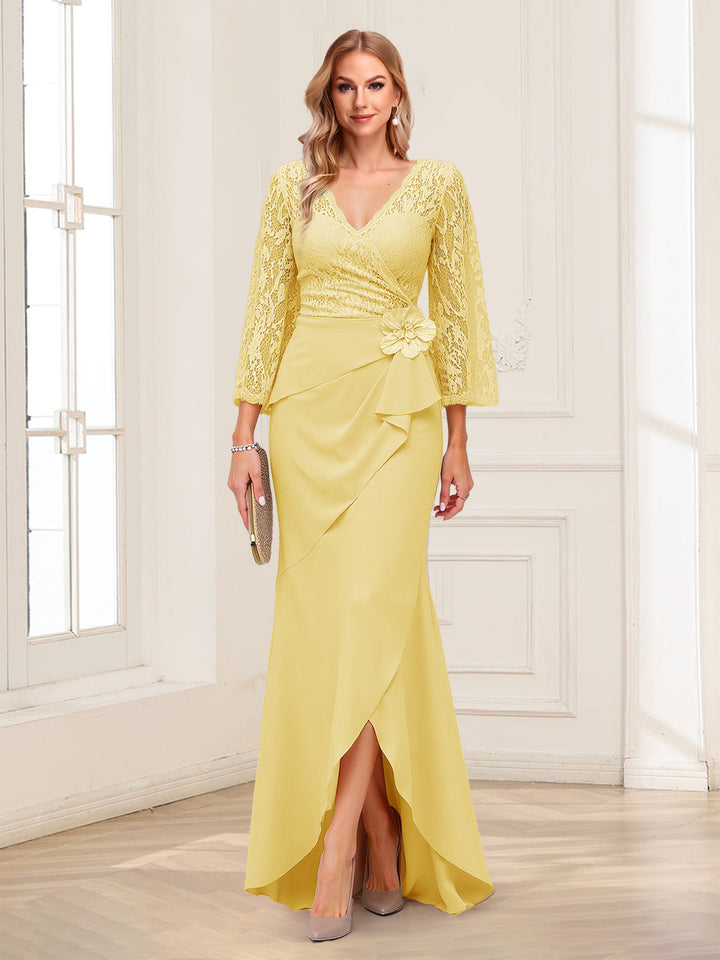 Sheath/Column V-Neck 3/4 Sleeves Mother of the Bride Dresses With Lace &amp; 3D Floral