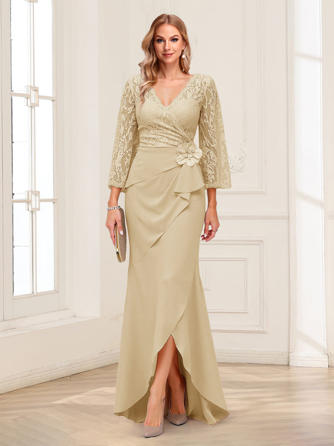 Sheath/Column V-Neck 3/4 Sleeves Mother of the Bride Dresses With Lace &amp; 3D Floral