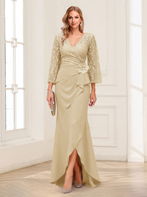 Sheath/Column V-Neck 3/4 Sleeves Mother of the Bride Dresses With Lace & 3D Floral