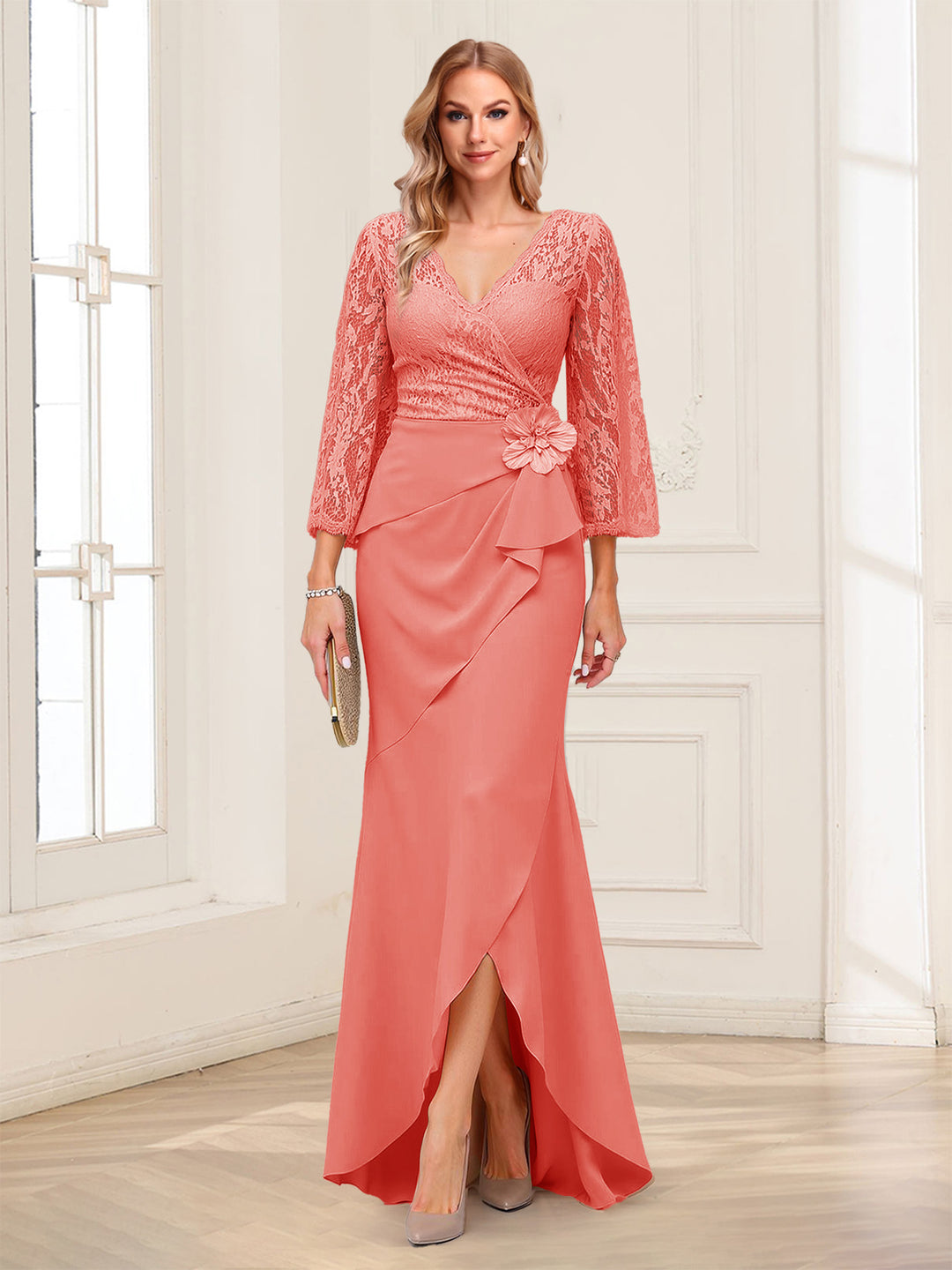 Sheath/Column V-Neck 3/4 Sleeves Mother of the Bride Dresses With Lace &amp; 3D Floral