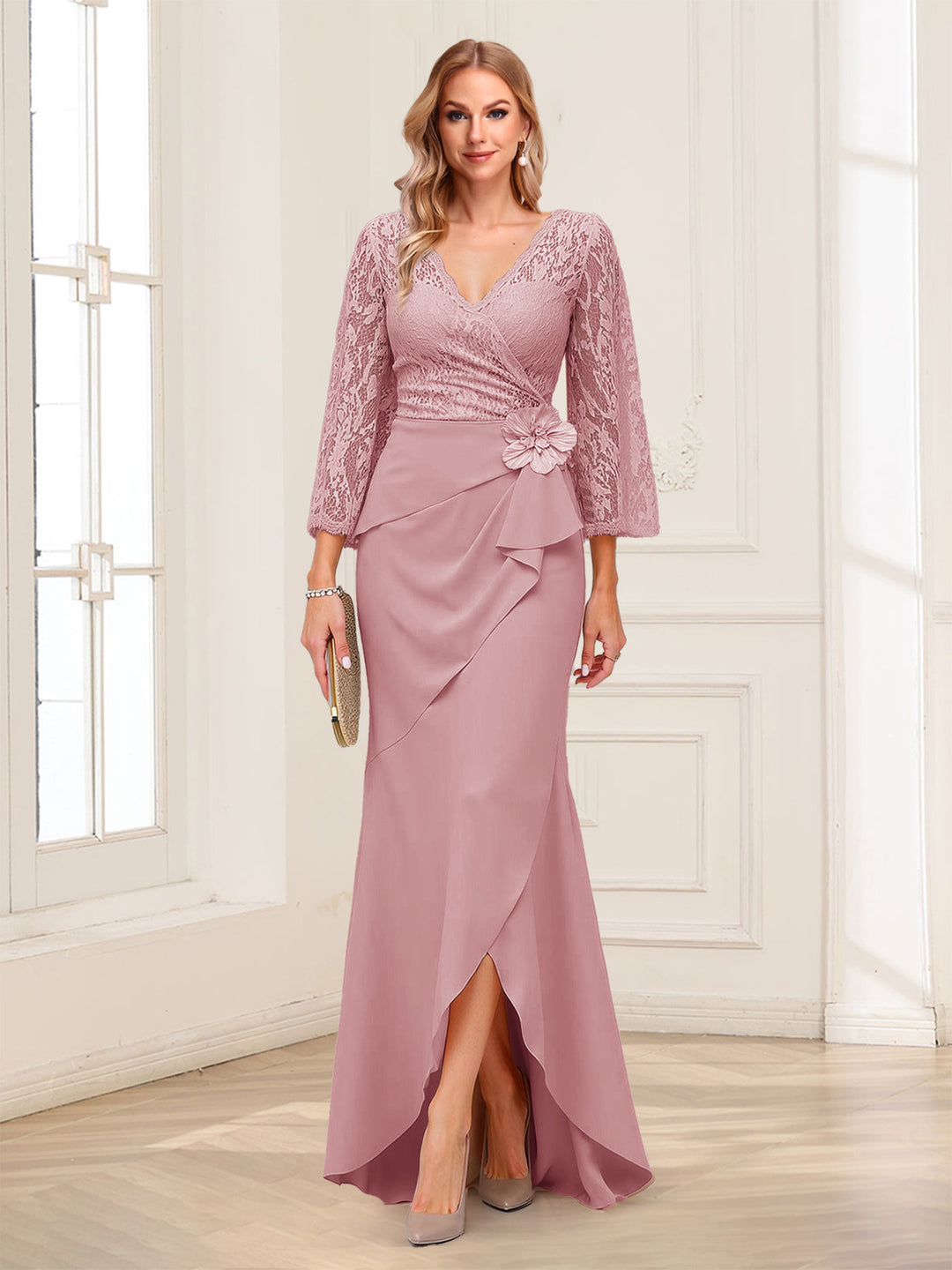 Sheath/Column V-Neck 3/4 Sleeves Mother of the Bride Dresses With Lace &amp; 3D Floral