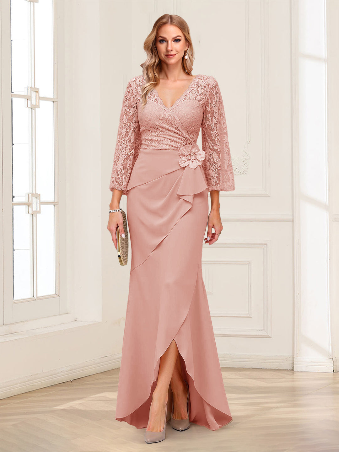 Sheath/Column V-Neck 3/4 Sleeves Mother of the Bride Dresses With Lace &amp; 3D Floral