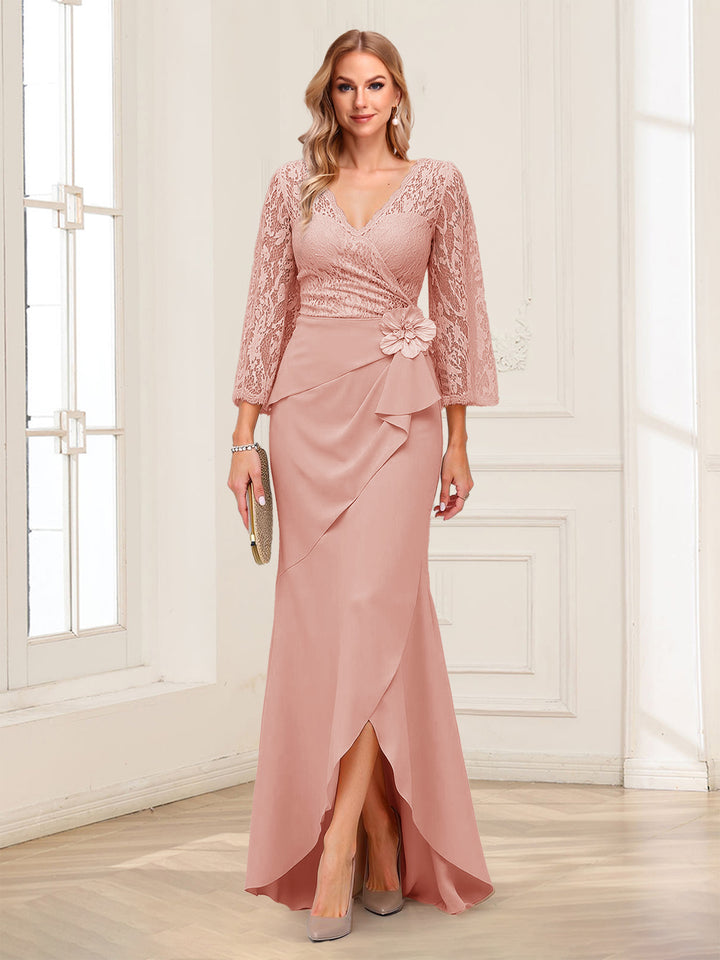 Sheath/Column V-Neck 3/4 Sleeves Mother of the Bride Dresses With Lace &amp; 3D Floral