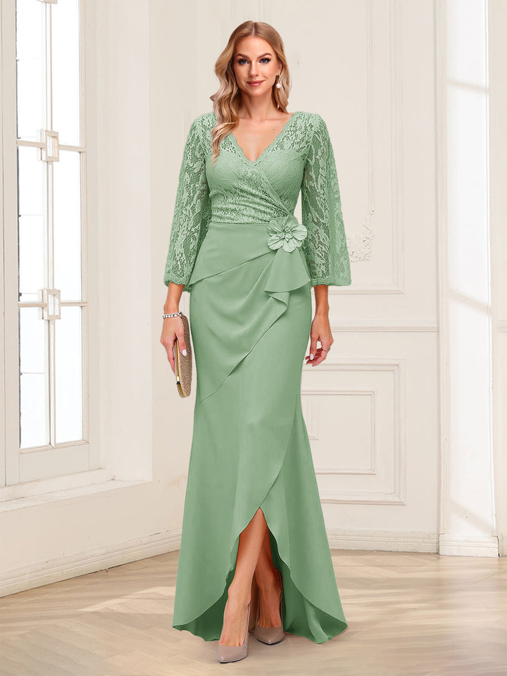 Sheath/Column V-Neck 3/4 Sleeves Mother of the Bride Dresses With Lace &amp; 3D Floral