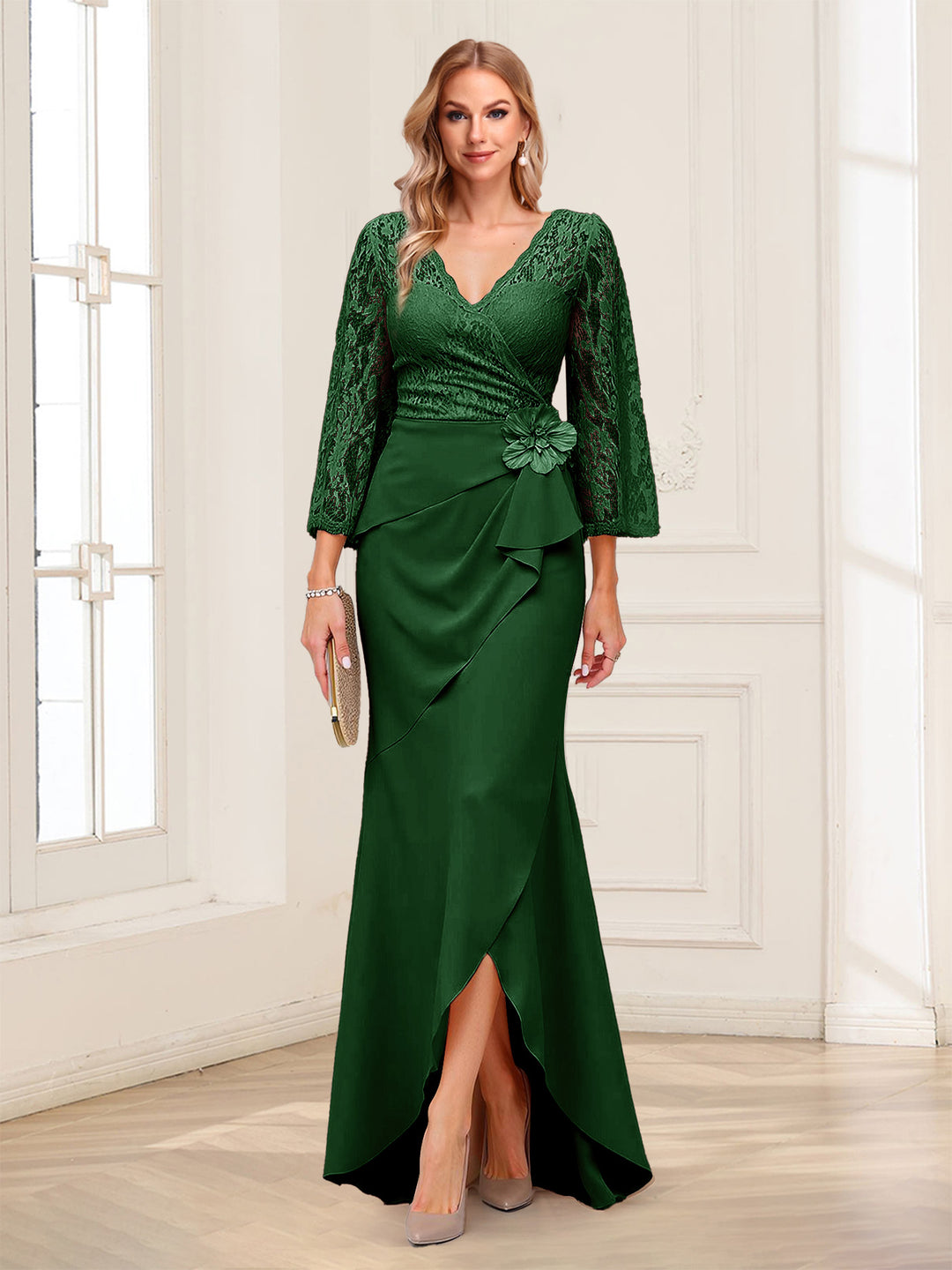 Sheath/Column V-Neck 3/4 Sleeves Mother of the Bride Dresses With Lace &amp; 3D Floral