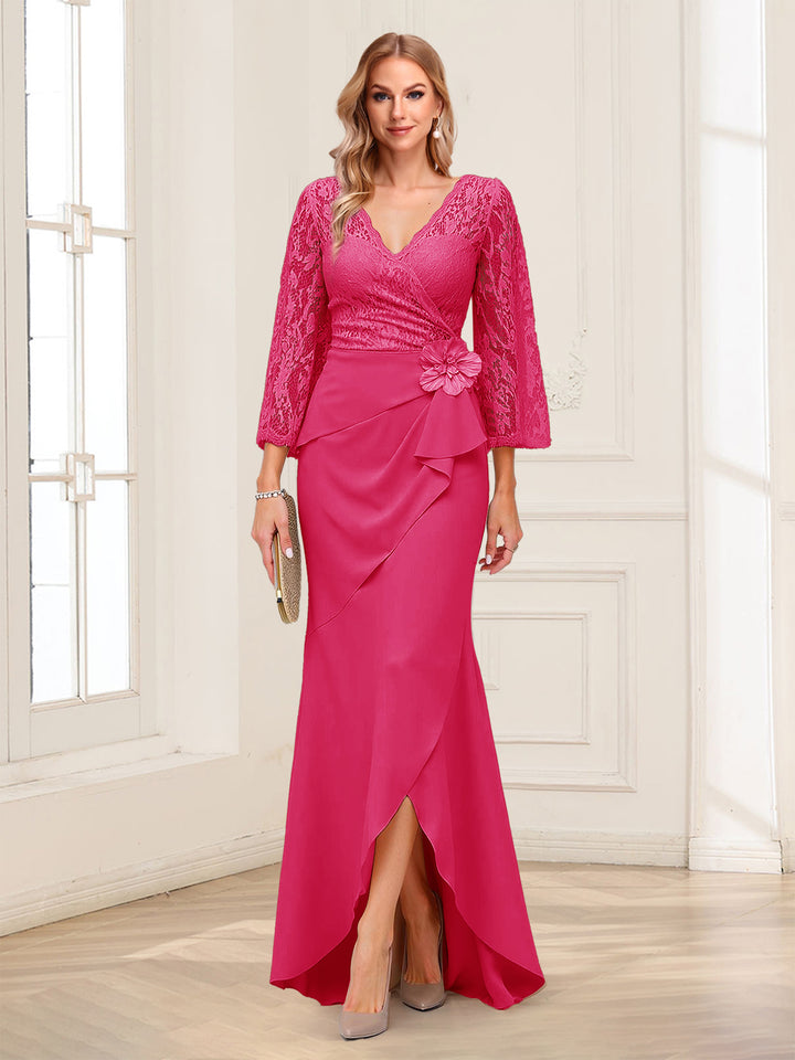 Sheath/Column V-Neck 3/4 Sleeves Mother of the Bride Dresses With Lace &amp; 3D Floral