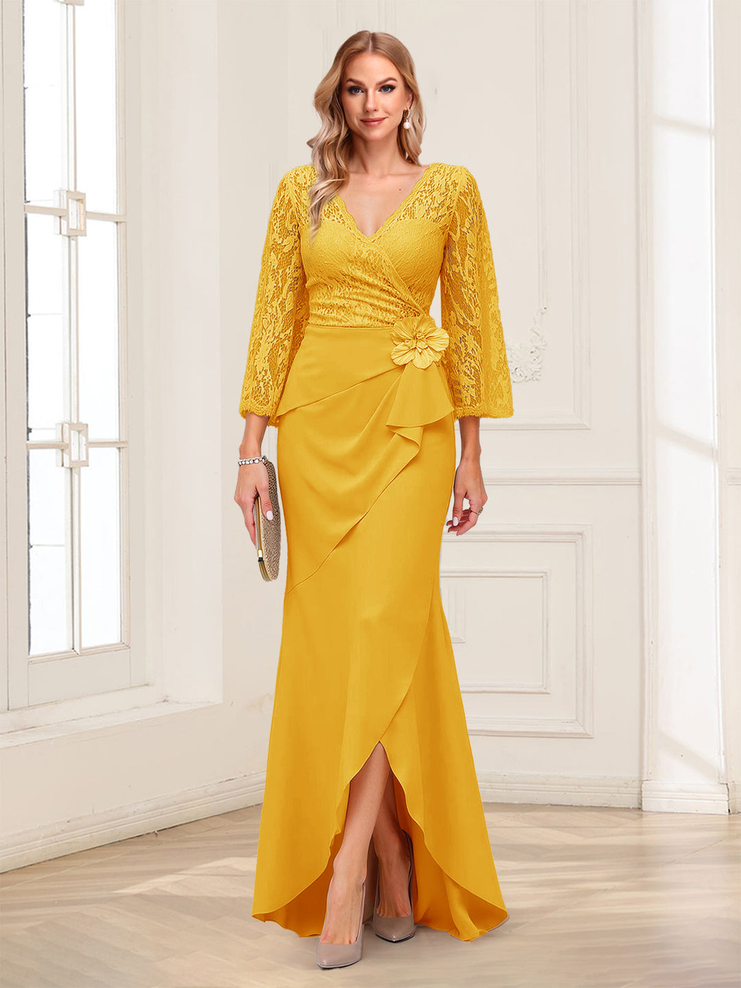 Sheath/Column V-Neck 3/4 Sleeves Mother of the Bride Dresses With Lace &amp; 3D Floral