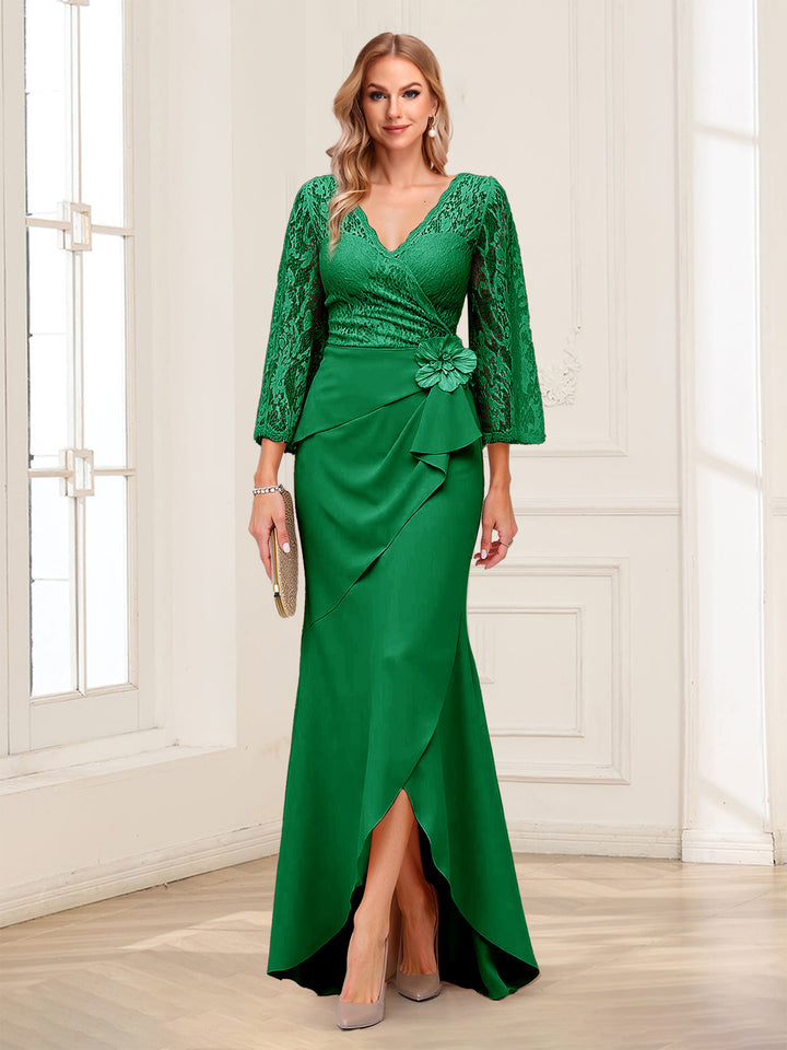 Sheath/Column V-Neck 3/4 Sleeves Mother of the Bride Dresses With Lace &amp; 3D Floral