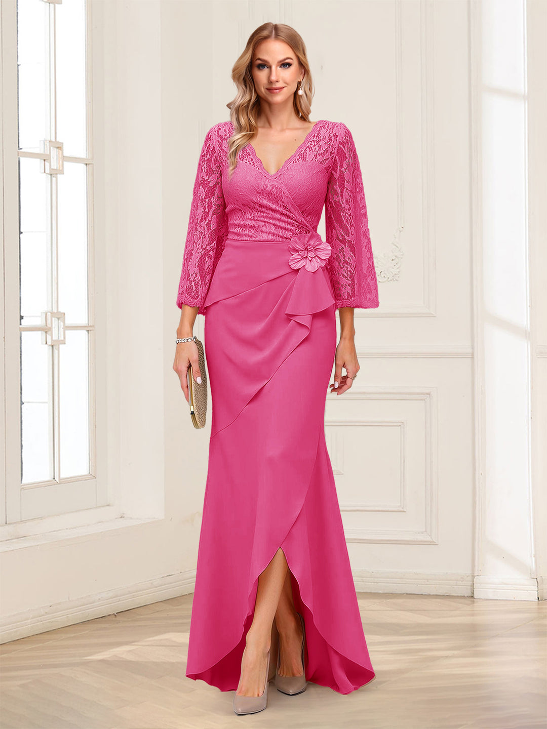 Sheath/Column V-Neck 3/4 Sleeves Mother of the Bride Dresses With Lace &amp; 3D Floral
