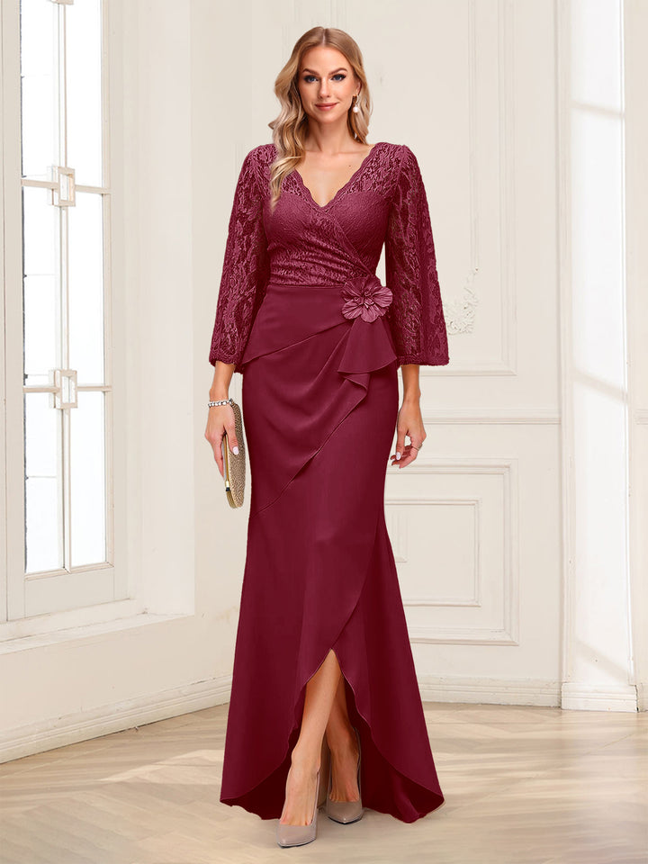 Sheath/Column V-Neck 3/4 Sleeves Mother of the Bride Dresses With Lace &amp; 3D Floral
