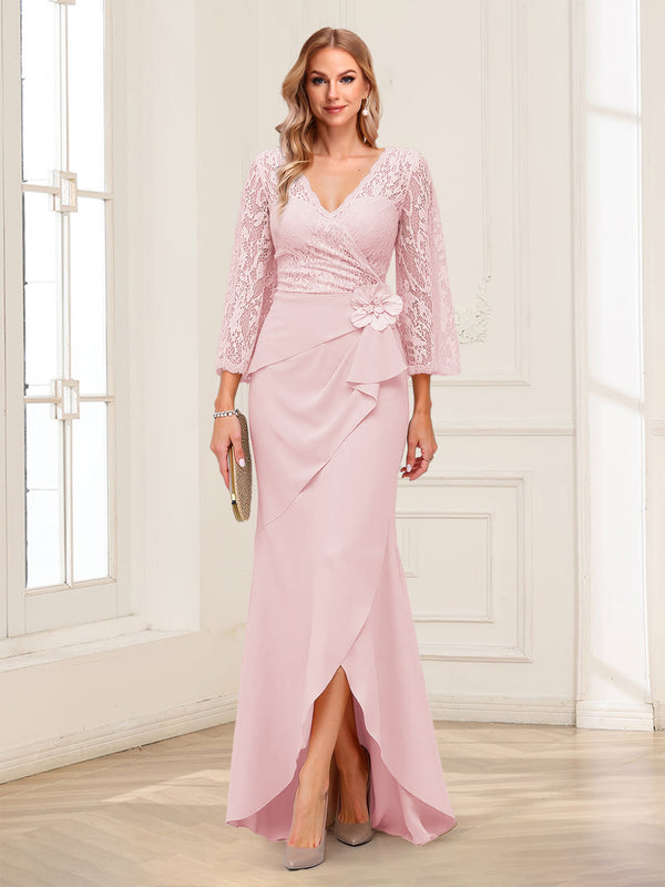 Sheath/Column V-Neck 3/4 Sleeves Mother of the Bride Dresses With Lace & 3D Floral