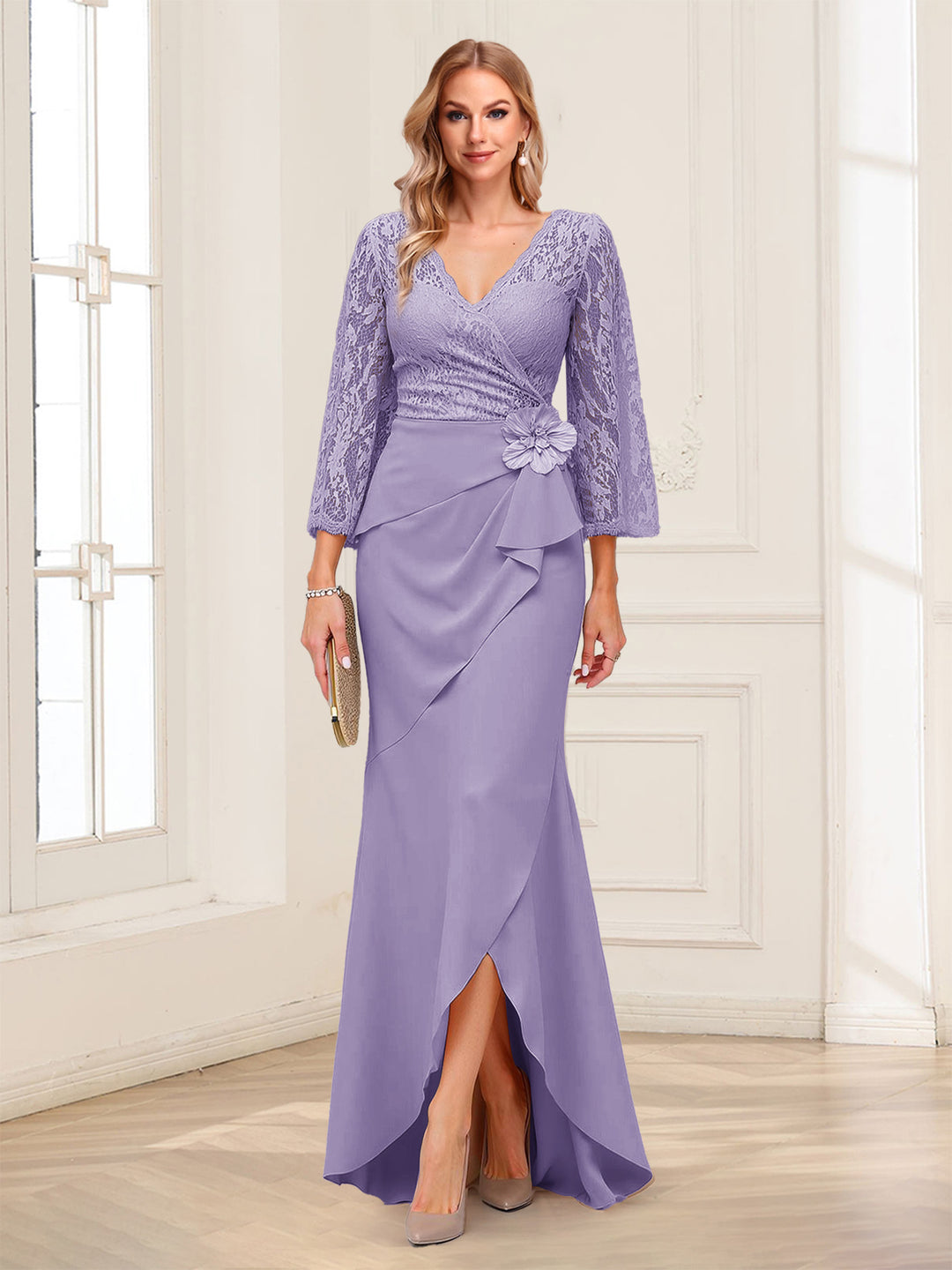 Sheath/Column V-Neck 3/4 Sleeves Mother of the Bride Dresses With Lace &amp; 3D Floral