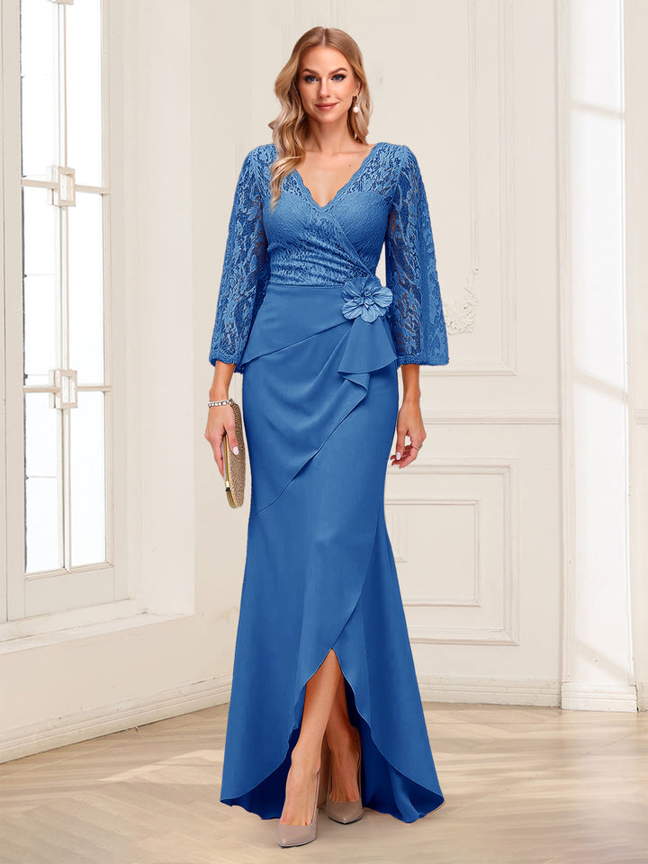 Sheath/Column V-Neck 3/4 Sleeves Mother of the Bride Dresses With Lace &amp; 3D Floral